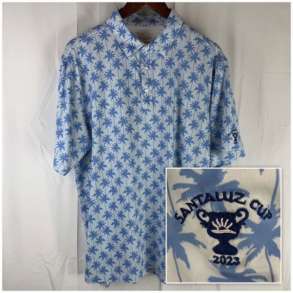 Straight Down Polo Shirt Mens Large Blue Palm Tree Santaluz Cup 2023 Performance
